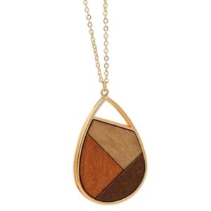 Boho Tri-tone Wood Pendant Necklace Gold Chain